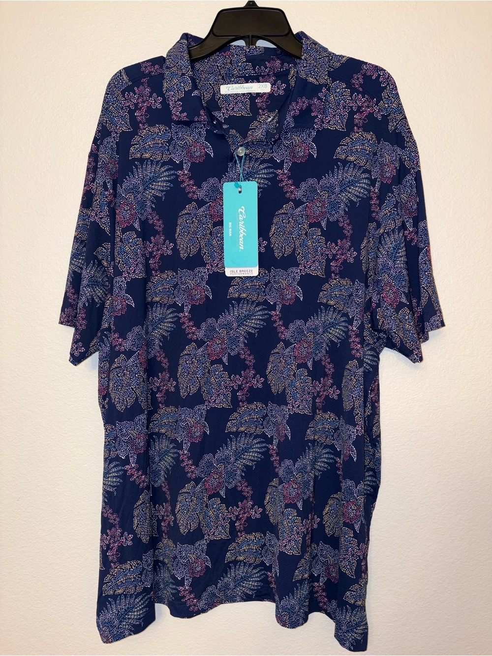 NWT Caribbean Isle Breeze Performance Floral Polo Shirt 2XB Big Tall Navy
